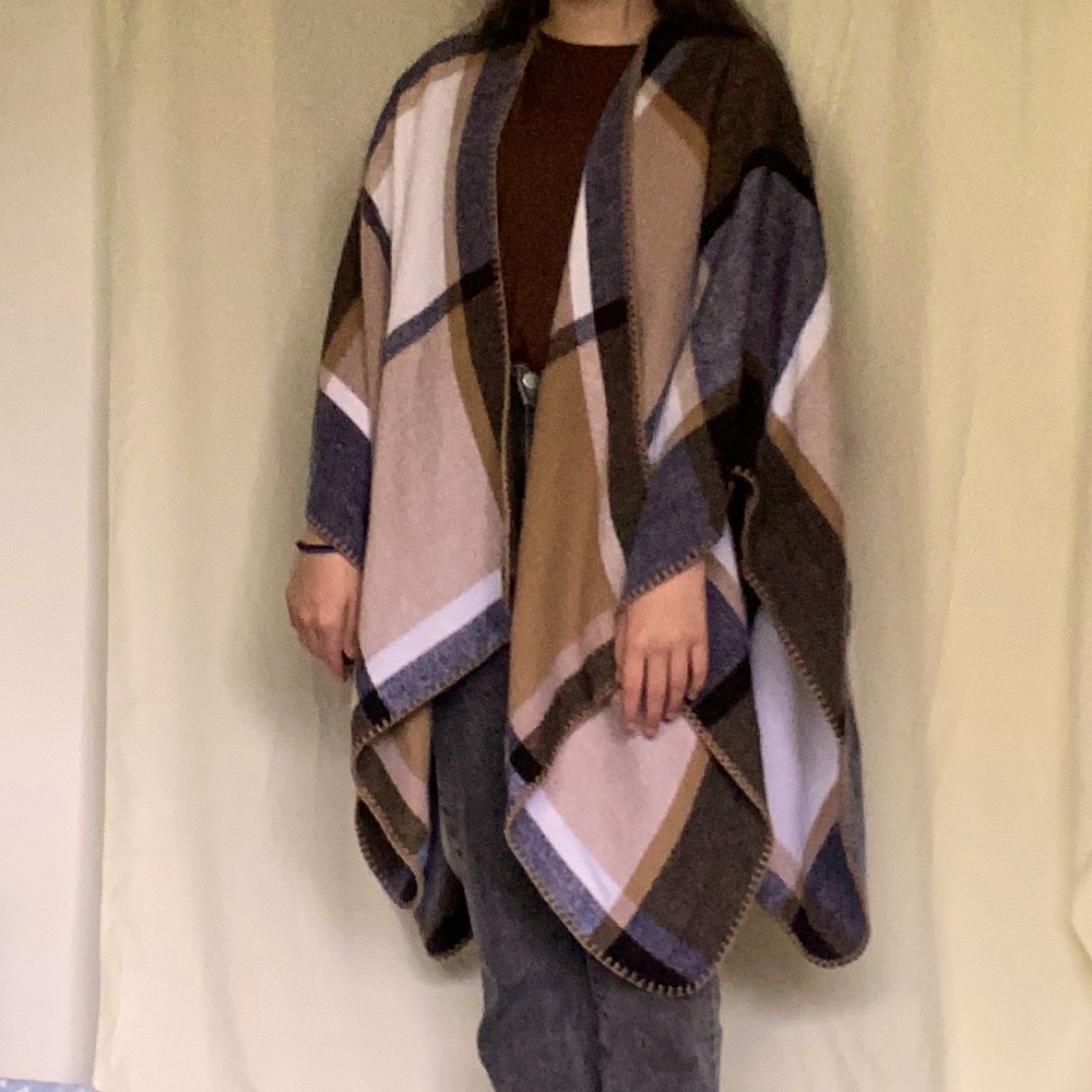 Neutral plaid poncho